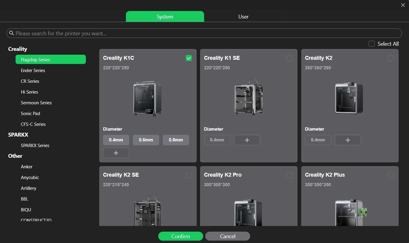 Creality Printer Selection